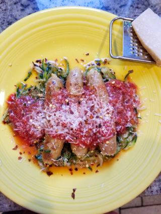 zucchini pasta with homemade marinara and turkey sausages