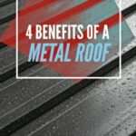A wet metal roof with the graphic "4 Benefits of Metal Roofs" on top of it