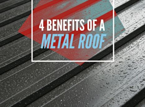 A wet metal roof with the graphic "4 Benefits of Metal Roofs" on top of it