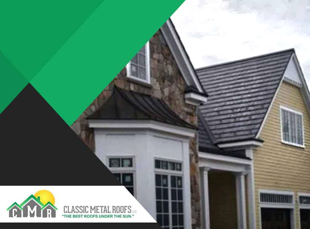 metal roof shingles on a home meant to mimic oxford slate shingles