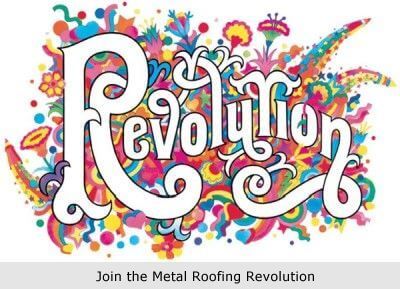 A colorful piece of word art reading Revolution. The tagline Join the Metal Roofing Revolution is underneath it