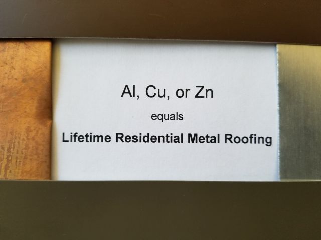 Elements Al, Cu, or Zn equals lifetime residential metal roofing sign in CT, MA, NH or RI.
