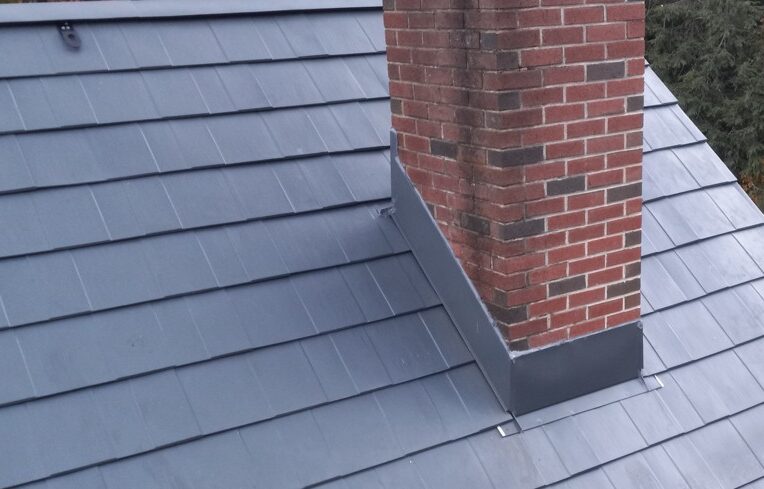 Oxford aluminum metal shingles with a chimney in MA, CT, NH, or RI