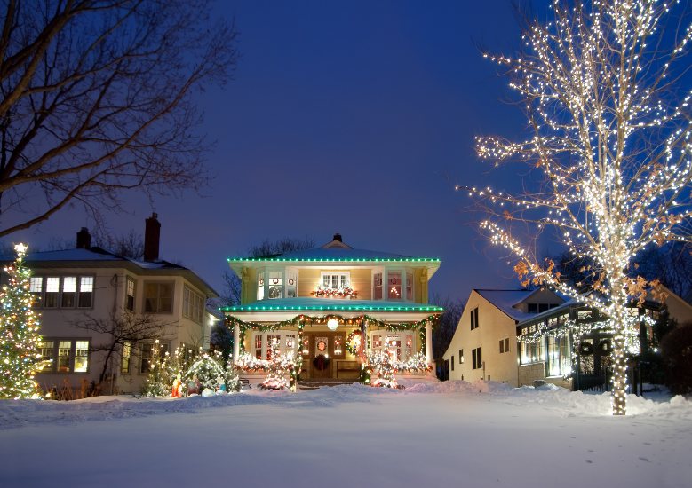 Holiday lights on a home without gutters in MA, CT, NH, or RI.