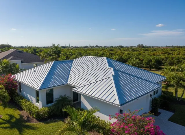 An aerial view of a white single-story house with a light gray standing seam metal roof, surrounded by tropical palm trees and green landscaping under a clear blue sky.